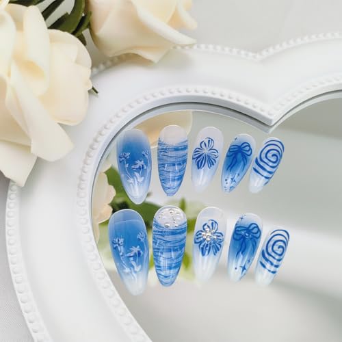 Blue French Tip Press On Nails Medium Almond Fake Nails with 3D Flowers