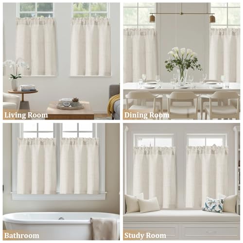 Ebesto Natural Kitchen Curtains 30W x 24L Inches - 2 Panels Light Filtering Faux Linen Texture, Rod Pocket Short Window Drapes for Kitchen, Bathroom, Over Sink, Pack of 2
