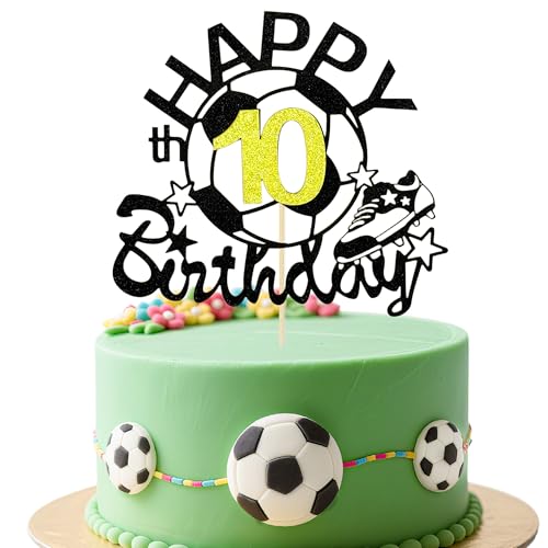 Black Soccer Happy 10th Birthday Cake Topper - Glitter Decor