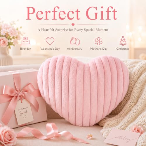Pink Heart Pillow 15.7" x 11.8" - Soft Faux Rabbit Fur Cushion for Home Decor