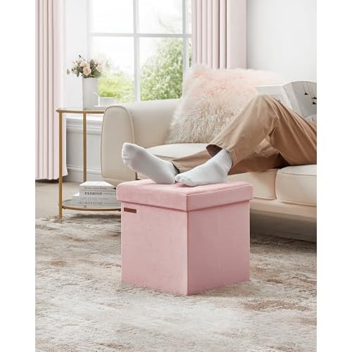SONGMICS Small Storage Ottoman, Folding Ottoman Cube, 15 x 15 x 15 Inches, Footstool, Footrest, 11 Gal. (43 L), Velvet Surface, for Bedroom, Living Room, Dorm, Jelly Pink ULSF227R01