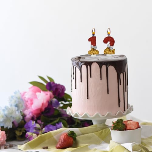 12th Birthday Candles Set - Smokeless Red & Gold Glitter Cake Toppers