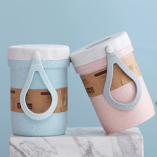 LZYMSZ Wheat Straw Soup Cups Set - 300ml Portable Lunch Box with Spoon (Blue & Pink)