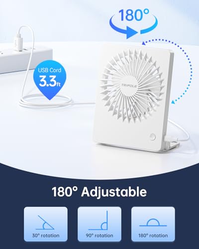 TriPole USB Mini Desk Fan - Portable White Fan with 3 Speeds