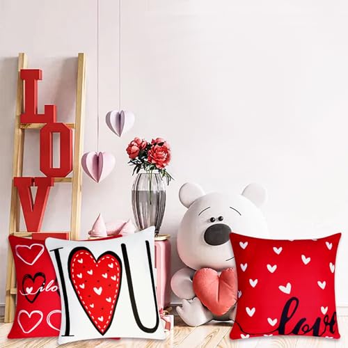 Pistha Red Valentine's Day Pillow Covers 18x18 Set of 4, Linen Heart Decor