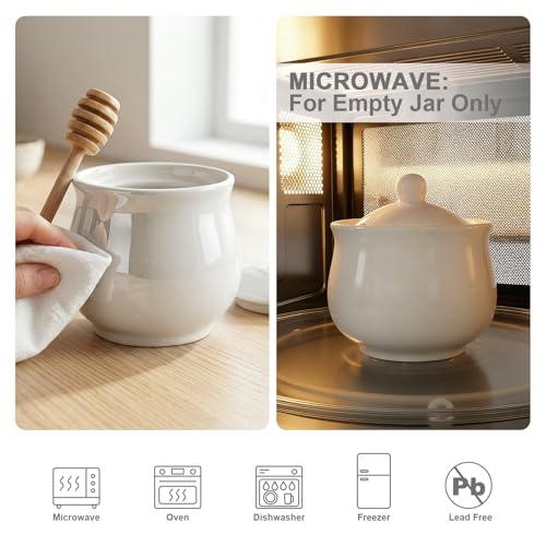 JOYLULU Ceramic Honey Jar with Wooden Dipper - 8 Oz White Honey Pot