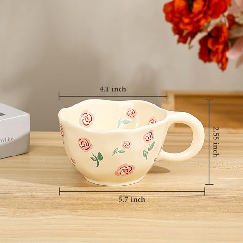 Ceramic Coffee Mug 9 oz Pink Rose Floral Tea Cup - Handcrafted Kitchen Drinkware
