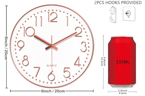 Rose Gold Silent Wall Clock 8 Inch - Non-Ticking Analog Design