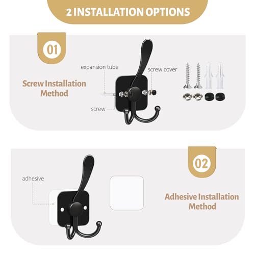 VIS'V Heavy Duty 3 Prong Coat Hooks - Wall Mount Adhesive & Screws, Black, 4 Pcs