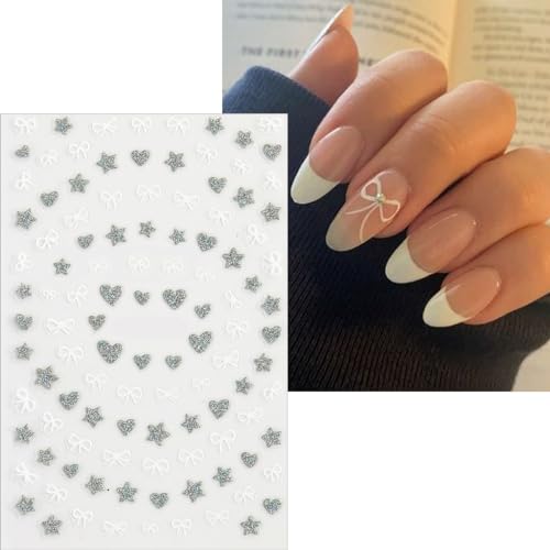 Glitter Heart Star Bows Nail Stickers 3D Self-Adhesive Decals 6 Sheets