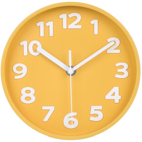 8-Inch Yellow Modern Wall Clock – Silent, 3D Large Numbers, Desk & Wall Use