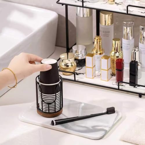 Bathroom Cup Dispenser with Acacia Wood Stand - Modern Toothbrush Holder