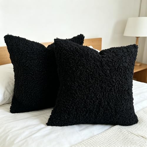 OYIMUA Black Faux Fur Boucle Throw Pillow Covers 20x20, Set of 2