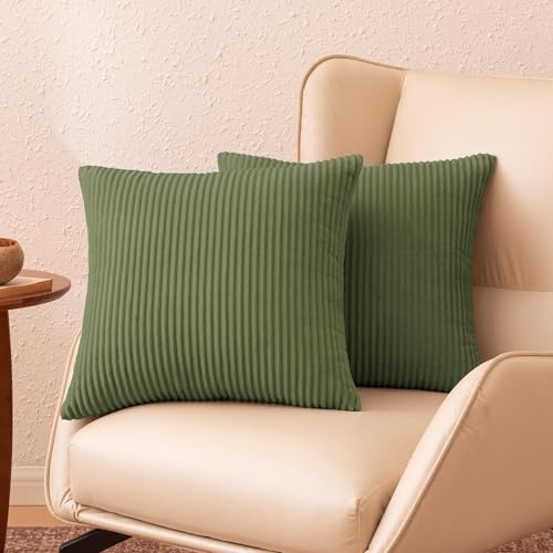 Amazon Basics Corduroy Throw Pillow Covers, 18" x 18", Olive Green, 2-Pack