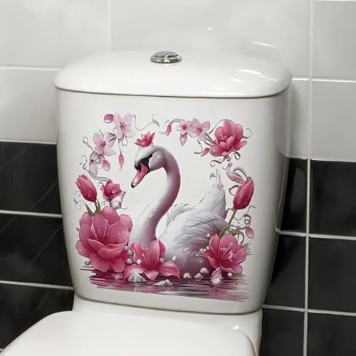 Floral Swan Toilet Lid Decal - Waterproof Self-Adhesive Bathroom Sticker