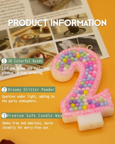 Number 2 Birthday Candle - Pink Macaron Glitter Cake Topper for 2nd Birthday