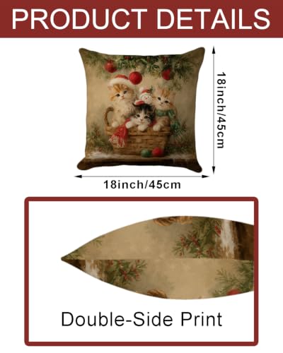 Vintage Christmas Cat Pillow Cover 18x18 with Hidden Zipper