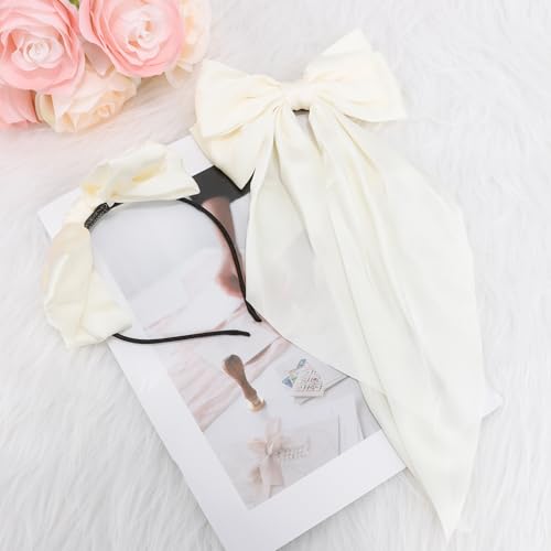 AHONEY 2 Pack White Satin Hair Bow Clips with Long Ribbons