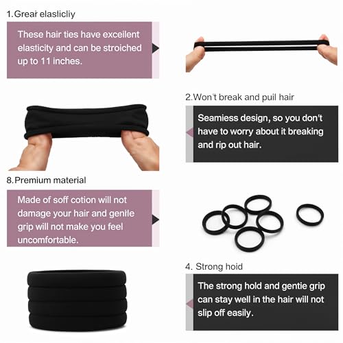 Black Hair Ties 50 Count Seamless Cotton Elastic Ponytail Holders