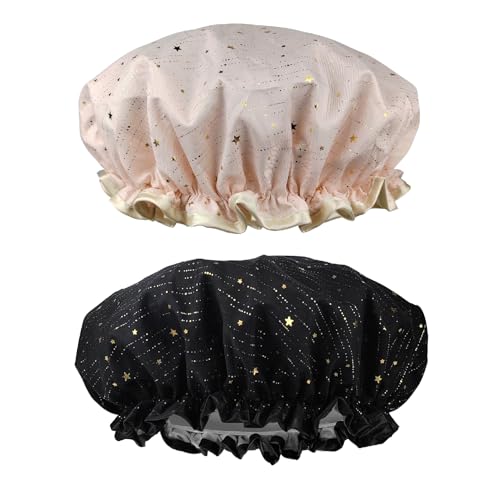 2 Pack Waterproof Shower Caps for Women - Reusable Elastic Hair Bonnet