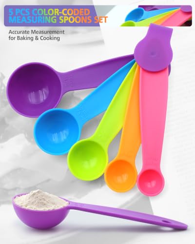 leepiya Measuring Spoons Set of 5, Color Coded Plastic with Fade-Proof Raised Markings