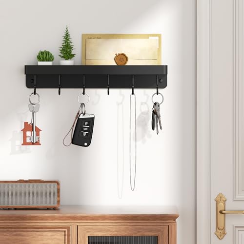 niffgaff Black Key Holder Wall Mount - Stainless Steel Hooks Rack with Shelf