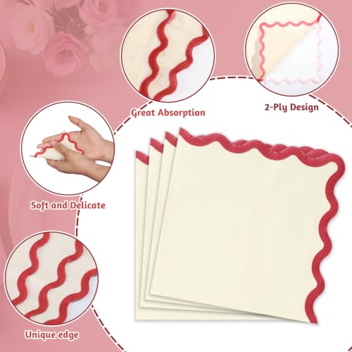 MyPartyCo Red & Ivory 3-Ply Cocktail Napkins - 80 Pack, Scalloped Edges, Party Supplies