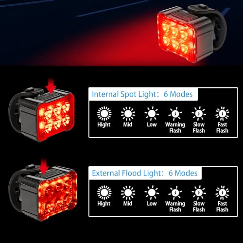 2 Pcs Bike Light,Bicycle Lights Front and Rear,USB Rechargeable Bike Light Set 6+12Modes,IPX4 Waterproof Bike Lights for Night Riding or Cycling,Taillights with Internal Spot and External Flood Light