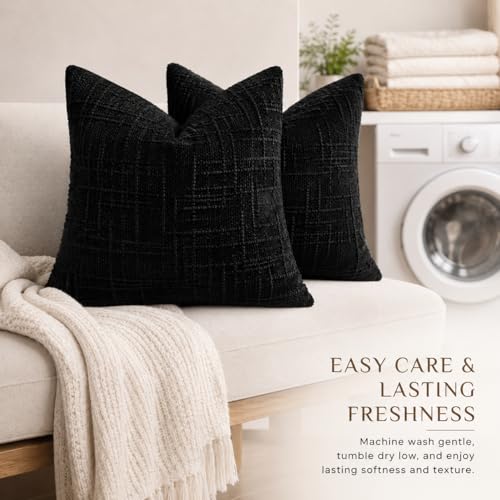 HOSHEN HOME Black Chenille Throw Pillow Covers 18x18 Inch Set of 2