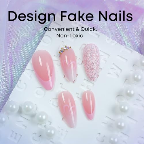 Valentine Press On Nails Medium Almond Pink Gradient Heart Rhinestone 24Pcs