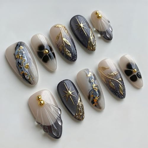 Black French Tip Press On Nails Medium Almond Fall Maple Leaf False Nails