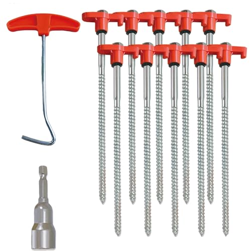 10-Pack 8" Heavy Duty Screw in Tent Stakes, Drill-in Non-Rust Ground Anchor Pegs, Metal Tent Accessories for Camping, Garden, Hiking, Orange