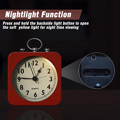 AYRELY Small Metal Alarm Clock - Red Square Bedside Table Clock