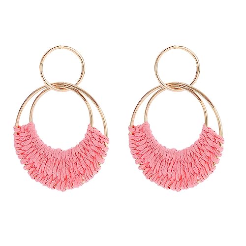 Handmade Boho Raffia Rattan Hoop Earrings for Summer
