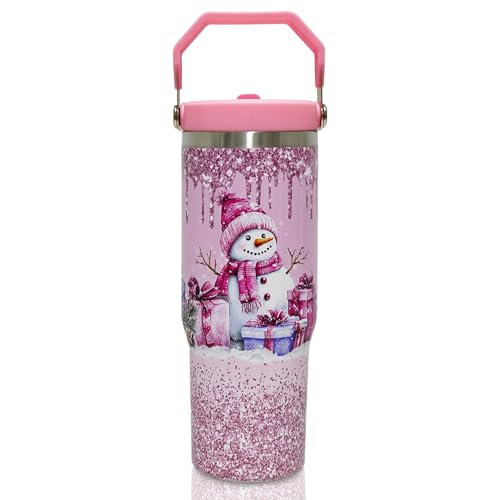 Pink 30oz Christmas Tumbler with Handle & Straw - Snowman Insulated Drinkware
