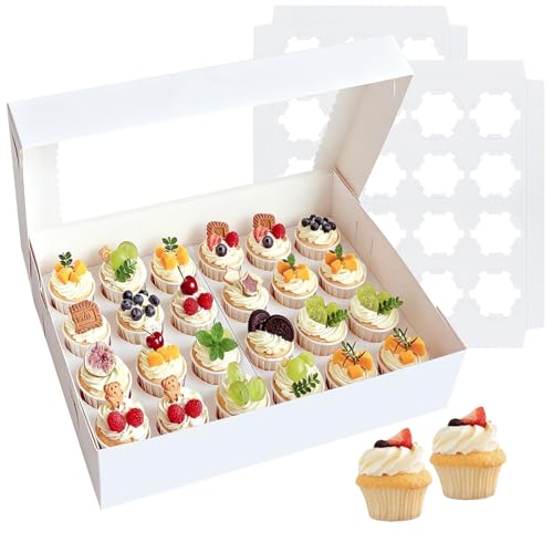 2 Pack White Mini Cupcake Boxes - 24 Count Holder with Window & Inserts