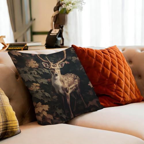 Vintage Deer Forest Pillow Cover 18x18 - Double-Sided Botanical Design