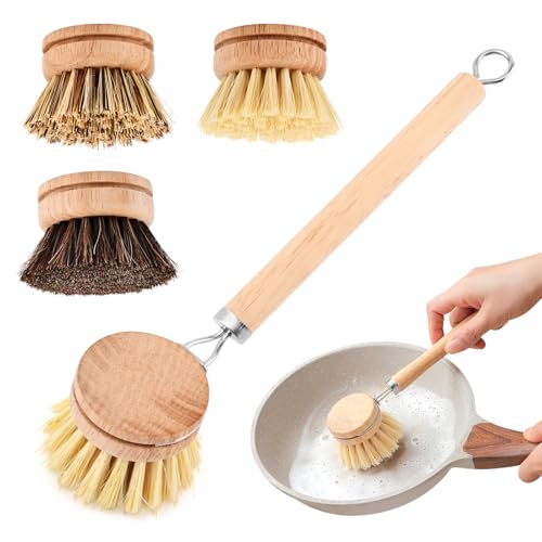 LORGVEXN Wooden Dish Brush with 3 Replaceable Natural Bristle Heads – Eco-Friendly Kitchen Tool