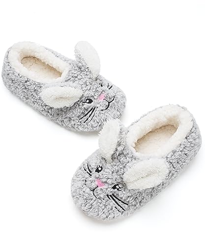 Cute Animal Slippers for Women and Kids - Grey Bunny, Non-Slip Fuzzy Soft Sole