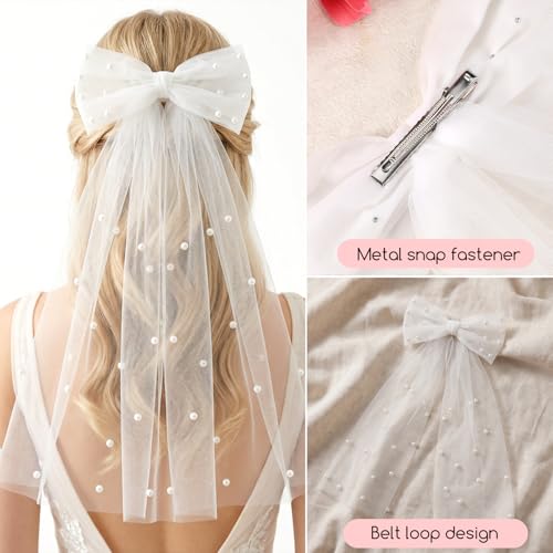 Bridal Tulle Pearl Bow Hair Clip White Veil for Bachelorette Party