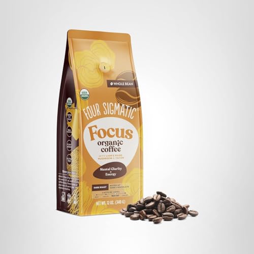 Four Sigmatic Dark Roast Organic Whole Bean Coffee | Whole Beans Coated with Lion's Mane, Chaga Mushrooms | Nootropic Mushroom Coffee for Enhanced Brain Function & Immune Support | 12oz