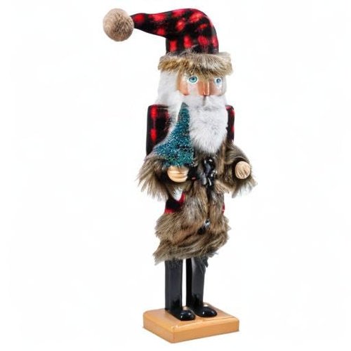 Ornativity Christmas Nostalgic Santa Nutcracker – Red and Black Wooden Nut Cracker Santa Clause Man with Buffalo Brown Fur Plaid Coat Holding a Xmas Tree Themed Holiday Doll Figure Decorations 15"
