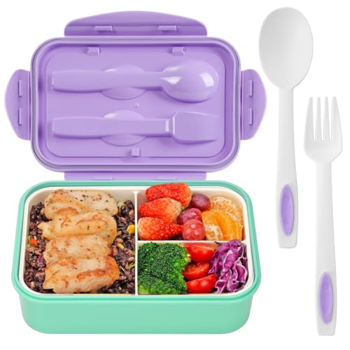 LOVINA 3-Compartment Bento Box - 1100ml Leakproof Lunch Container, Purple Green