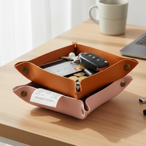 Pink PU Leather Valet Tray - 8x8 Inch Organizer for Keys, Coins & Jewelry