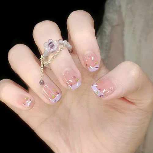 Purple French Tip Press on Nails Short Square False Nails 24Pcs