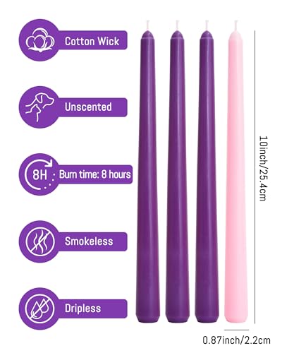 Viyffo 10-Inch Advent Taper Candles - 4 Pack Unscented Smokeless Wax