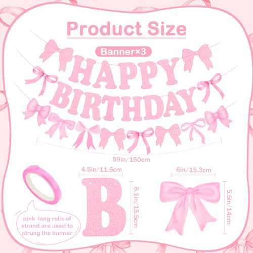 3PCS Pink Birthday Banner Set with 21 Bow Hanging Swirls
