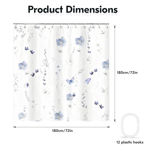 Watercolor Floral Shower Curtain - Lavender Flowers & Butterflies, 72x72 Inch