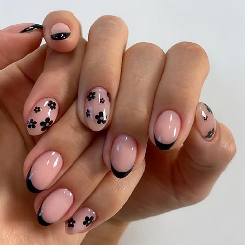 LYLYNB Black French Tip Press on Nails with Floral Art - Almond False Nails