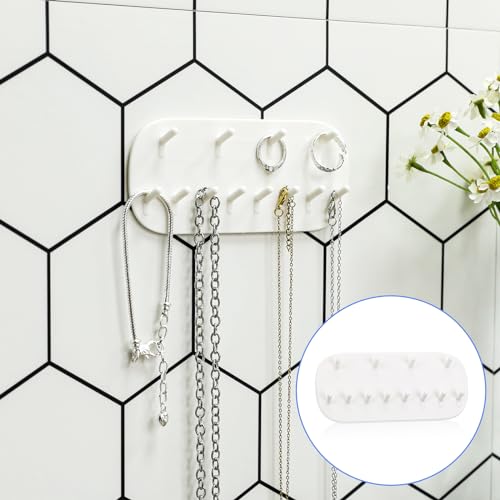 KALIONE Wall Mounted Necklace Holder with 6 Hooks - White Plastic Organizer